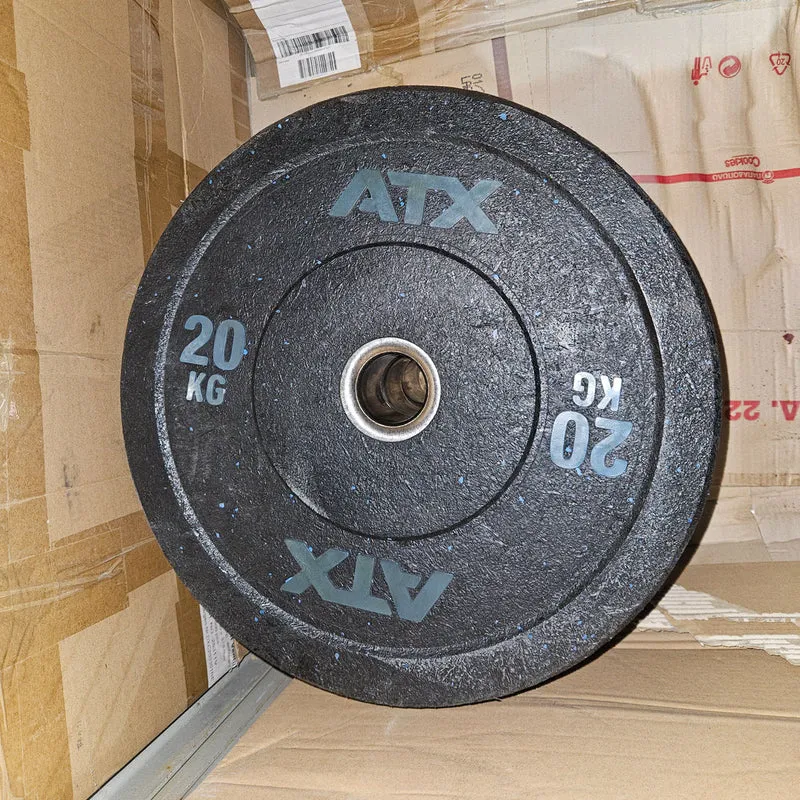 Set 230kg Bumper Plates von ATX - 2x 25kg, 4x 20kg, 4x 15kg, 4x 10kg, Hantelscheiben 50mm Durchmesser aus Granulat gepresst in Schwarz mit bunten Farbflecken, gebraucht - mit Gebrauchsspuren