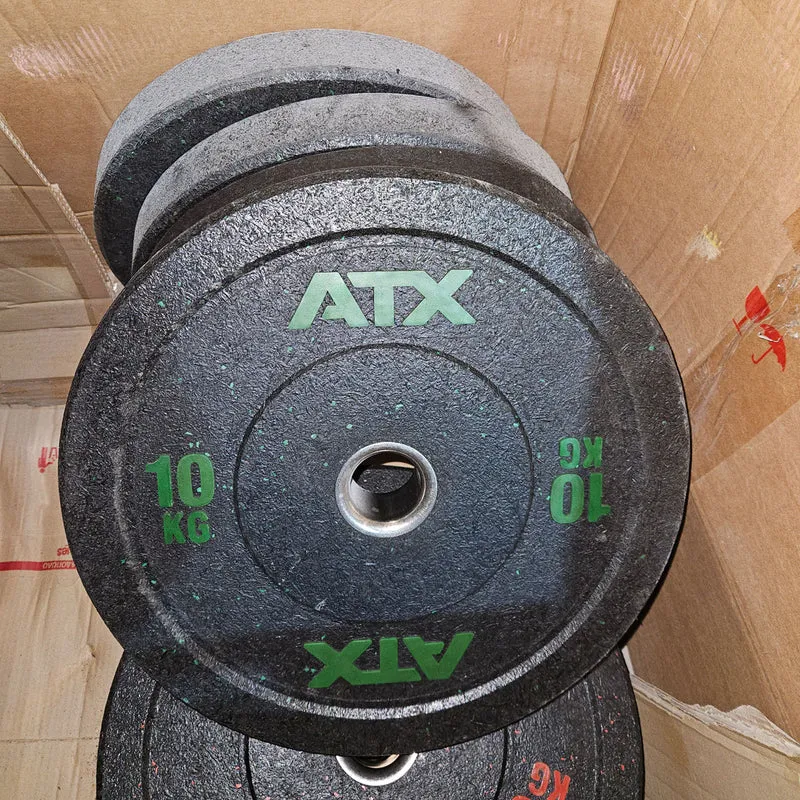 Set 230kg Bumper Plates von ATX - 2x 25kg, 4x 20kg, 4x 15kg, 4x 10kg, Hantelscheiben 50mm Durchmesser aus Granulat gepresst in Schwarz mit bunten Farbflecken, gebraucht - mit Gebrauchsspuren