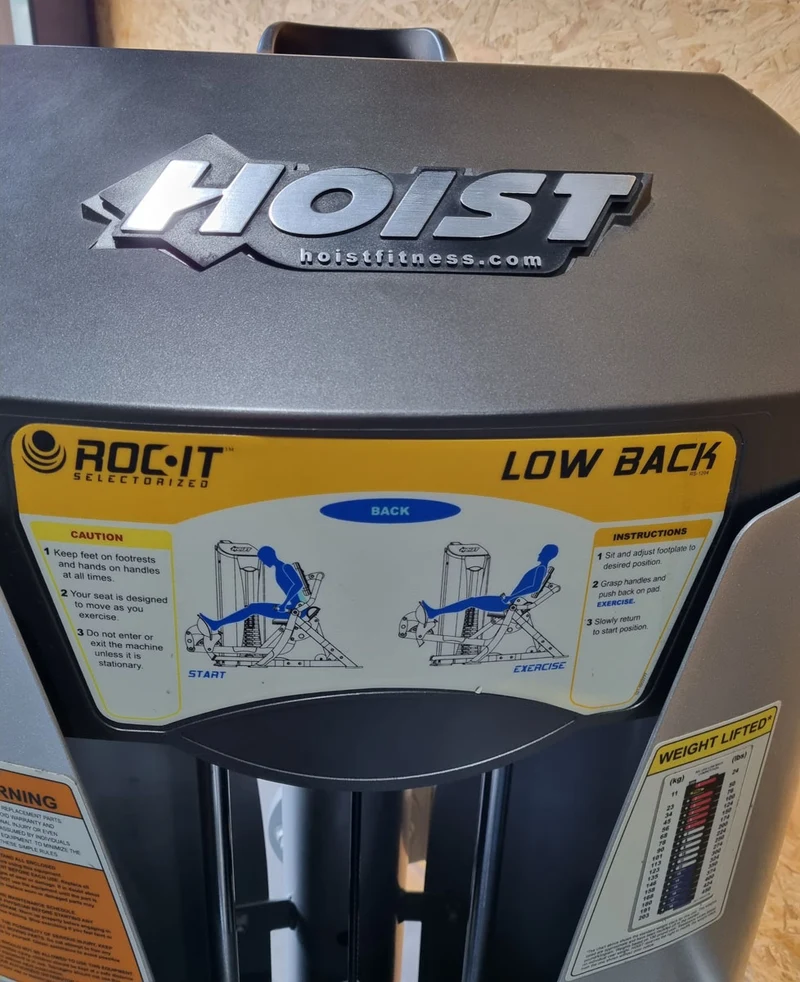 Hoist Roc-IT Low Back RS1204, Lower Back, Rückenstreckermaschine, Unterer Rücken, Roc IT Selectorized Serie mit Steckgewichten, Vorgänger vom RS-2204, Rahmenfarbe Silber, gebraucht - überholter Zustand
