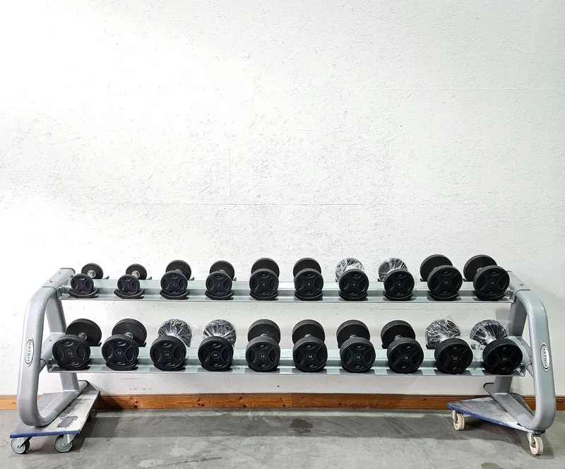 Matrix bzw Franziski Sport PU Polyurethan Kurzhantelsatz von 2 bis 20kg in 2kg Stufen ( 10 Paare ) Farbe Schwarz-Blau, inkl. Matrix Kurzhantelablage (sehr stabil), gebraucht - sehr guter Zustand