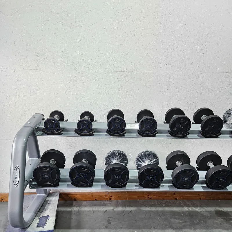 Matrix bzw Franziski Sport PU Polyurethan Kurzhantelsatz von 2 bis 20kg in 2kg Stufen ( 10 Paare ) Farbe Schwarz-Blau, inkl. Matrix Kurzhantelablage (sehr stabil), gebraucht - sehr guter Zustand
