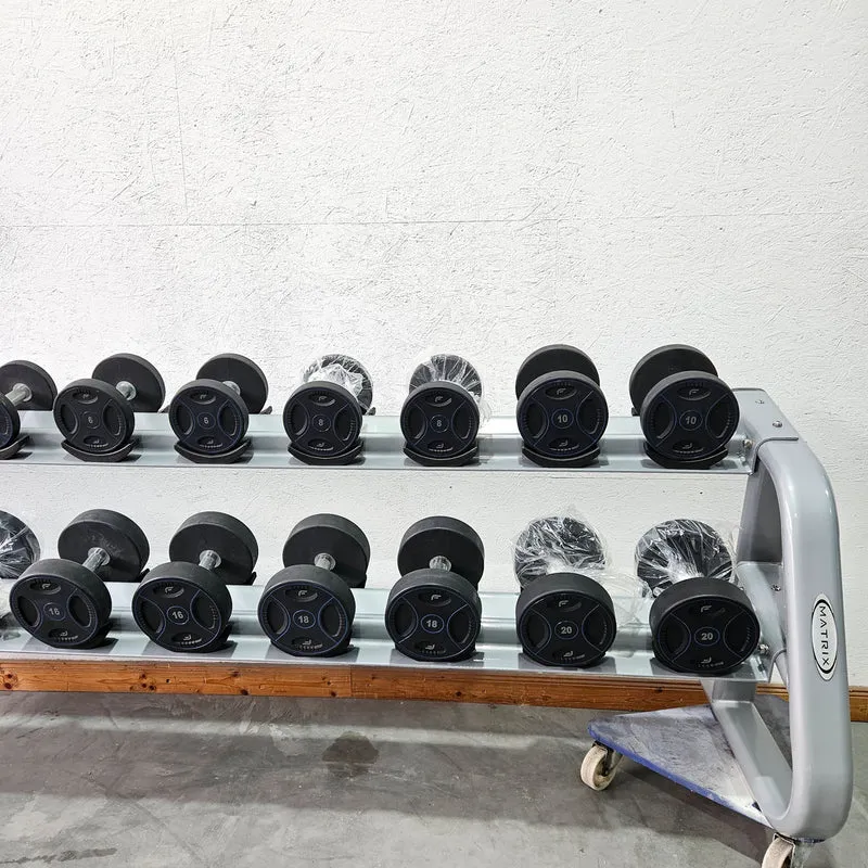 Matrix bzw Franziski Sport PU Polyurethan Kurzhantelsatz von 2 bis 20kg in 2kg Stufen ( 10 Paare ) Farbe Schwarz-Blau, inkl. Matrix Kurzhantelablage (sehr stabil), gebraucht - sehr guter Zustand