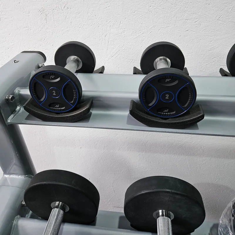Matrix bzw Franziski Sport PU Polyurethan Kurzhantelsatz von 2 bis 20kg in 2kg Stufen ( 10 Paare ) Farbe Schwarz-Blau, inkl. Matrix Kurzhantelablage (sehr stabil), gebraucht - sehr guter Zustand