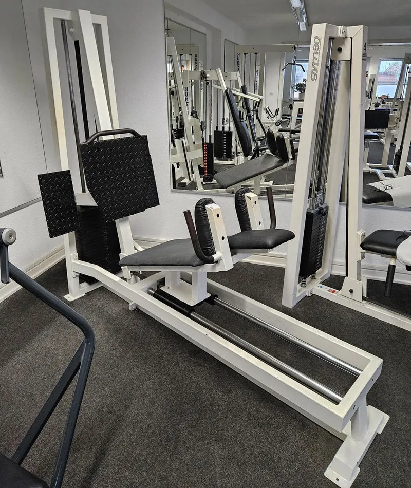 Beinpresse Oldschool, Leg Press, 225kg Gewichtsblock, Hersteller wahrscheinlich Gym80 oder L+K oder Galaxy, Bodybuilding Kraftgerät - Rahmenfarbe Weiß, gebraucht mit Gebrauchsspuren
