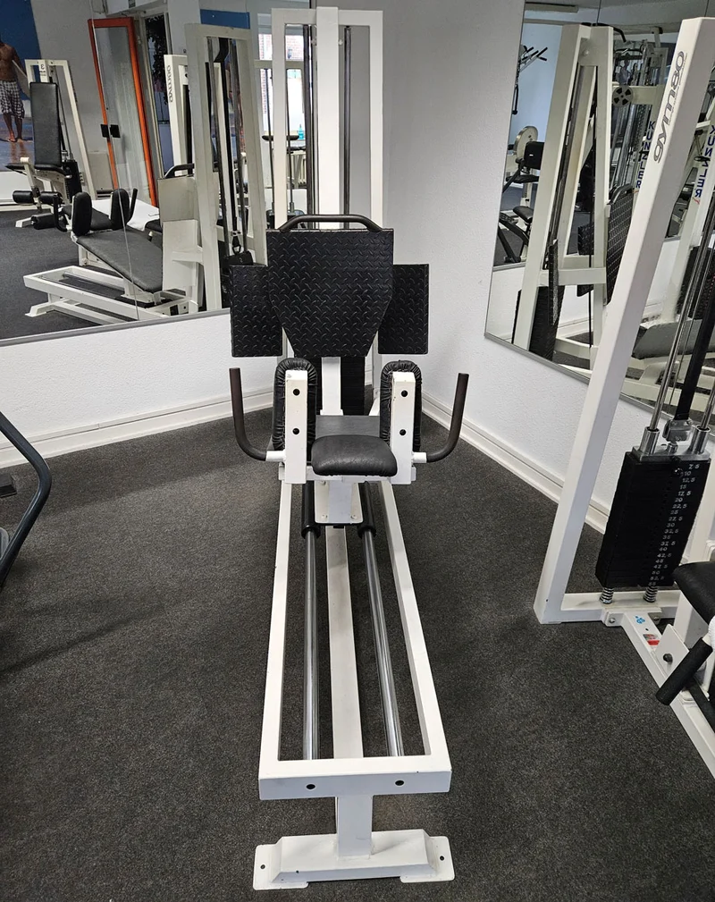 Beinpresse Oldschool, Leg Press, 225kg Gewichtsblock, Hersteller wahrscheinlich Gym80 oder L+K oder Galaxy, Bodybuilding Kraftgerät - Rahmenfarbe Weiß, gebraucht mit Gebrauchsspuren