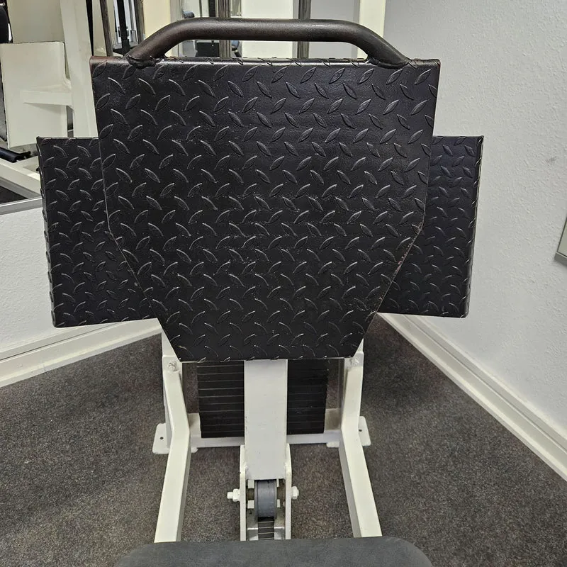 Beinpresse Oldschool, Leg Press, 225kg Gewichtsblock, Hersteller wahrscheinlich Gym80 oder L+K oder Galaxy, Bodybuilding Kraftgerät - Rahmenfarbe Weiß, gebraucht mit Gebrauchsspuren