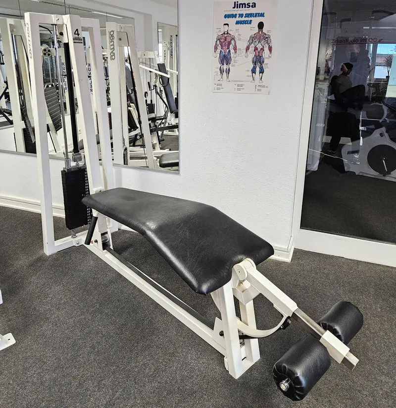 Gym80 Beinbeuger liegend, Leg Curl lying, Oldschool Bodybuilding Kraftgerät - Edition oder Classic Line, Rahmenfarbe Weiß, gebraucht und geprüft mit Gebrauchsspuren
