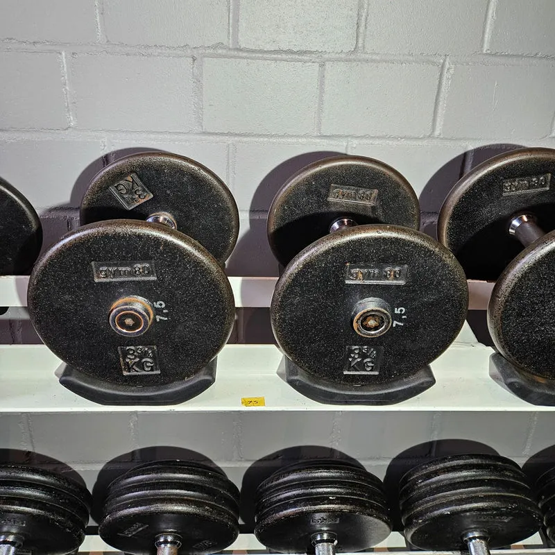 Gym80 Kurzhantelsatz aus Guss von 2,5 bis 40kg in 2,5kg Stufen ( 16 Paare ) Oldschool, Gym80 Kurzhantelablage gegen Aufpreis verfügbar, gebraucht - mit Gebrauchsspuren