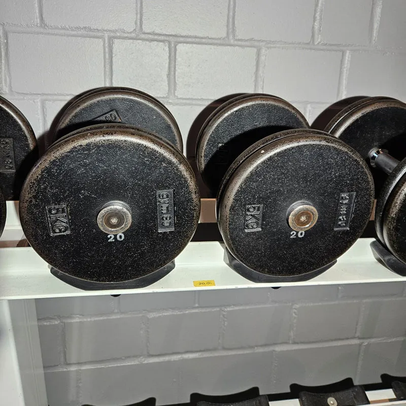Gym80 Kurzhantelsatz aus Guss von 2,5 bis 40kg in 2,5kg Stufen ( 16 Paare ) Oldschool, Gym80 Kurzhantelablage gegen Aufpreis verfügbar, gebraucht - mit Gebrauchsspuren