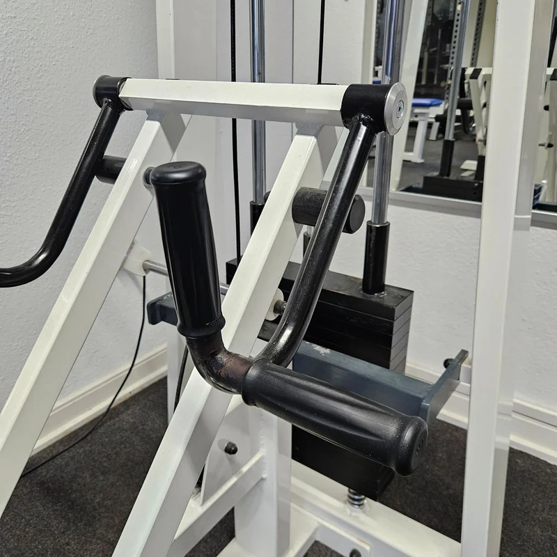Künzler Rudern mit Bruststütze und Einstiegshilfe, Row, Lat-Rudern, Oldschool Bodybuilding Kraftgerät, Rahmenfarbe Weiß, gebraucht und geprüft mit Gebrauchsspuren